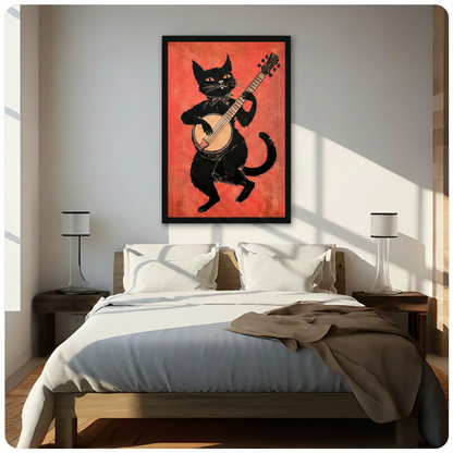 Vintage black cat playing banjo framed canvas wall art in black frame above wooden bed with white linen bedding, retro folk music linocut print for bedroom statement wall