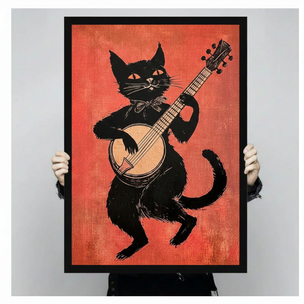 Retro black cat banjo folk art print held up showing full linocut illustration on orange-red background, vintage music wall art in black frame against neutral gray background