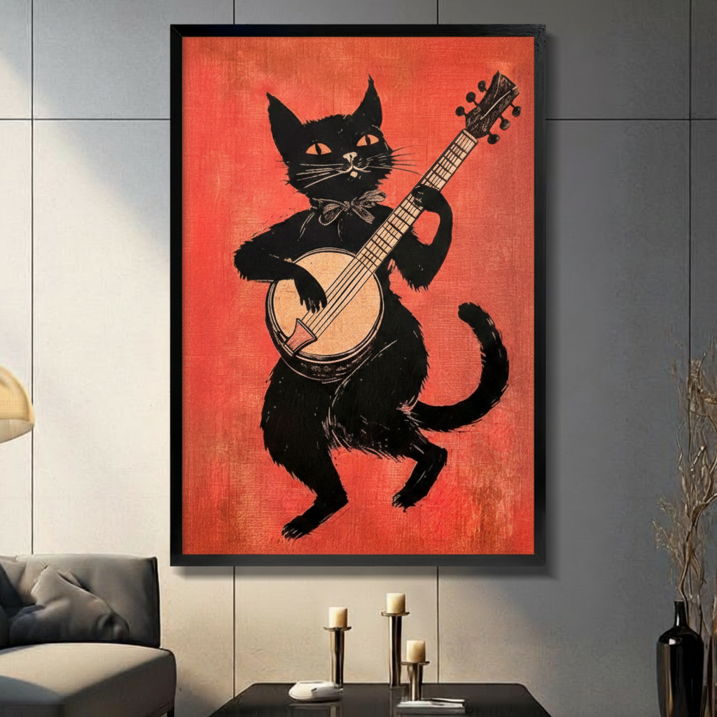Retro black cat playing banjo framed wall art in black frame on dark gray wall above console table with candles, vintage folk music linocut print for living room decor