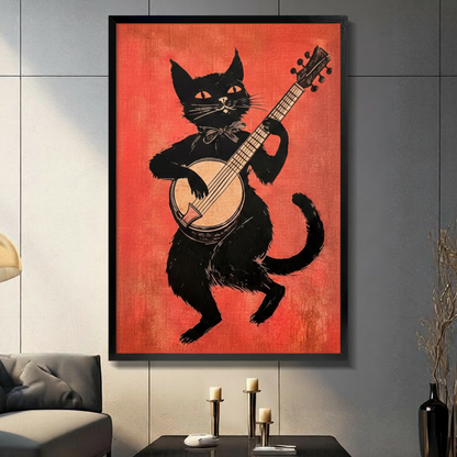 Retro black cat playing banjo framed wall art in black frame on dark gray wall above console table with candles, vintage folk music linocut print for living room decor