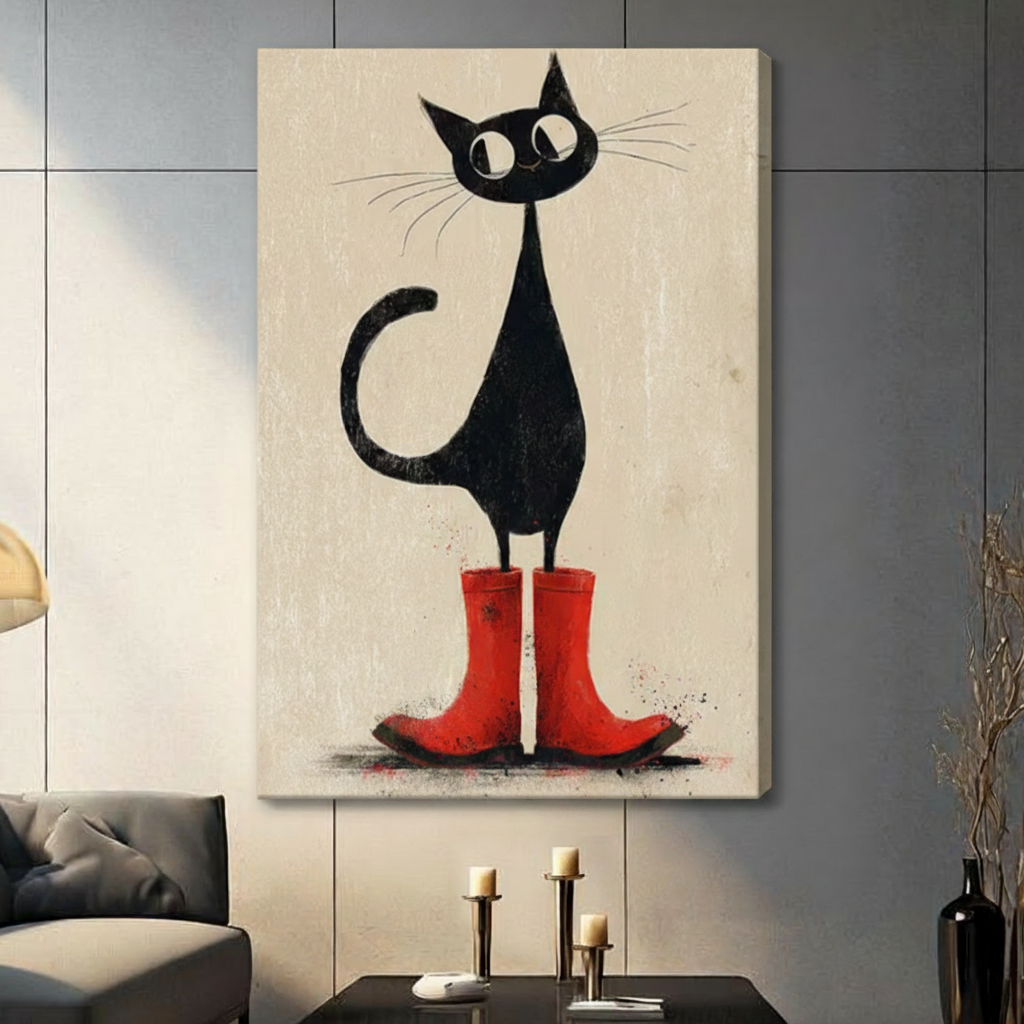 Vintage illustration quirky black cat standing upright in bold red rain boots gallery wrap canvas art on warm beige textured background on a dark gray paneled wall above a charcoal sofa with candle holders and a black vase