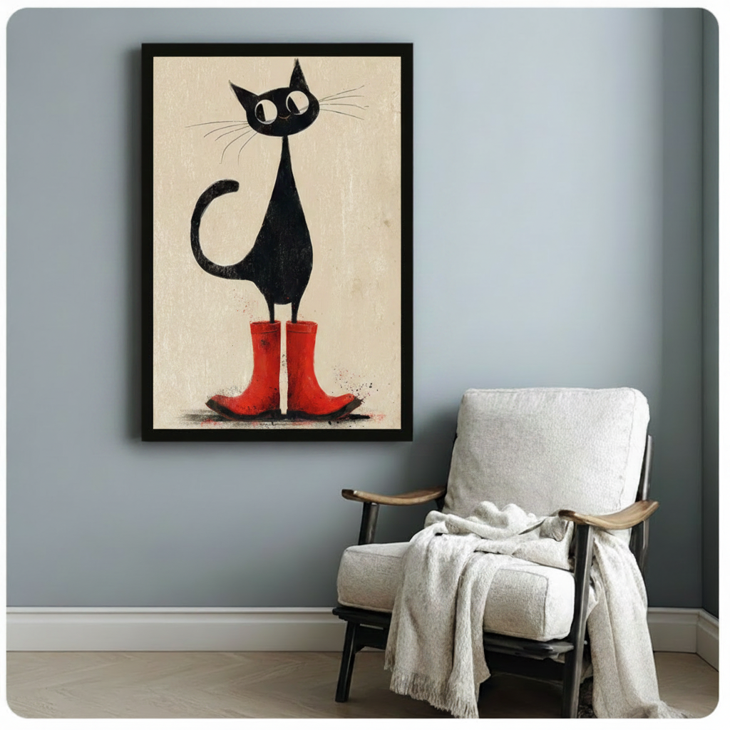 Black framed retro illustration tall black cat with oversized eyes wearing red rubber rain boots canvas art on warm beige background on a soft blue-gray wall beside a white wood armchair with a cream linen throw blanket draped over the arm