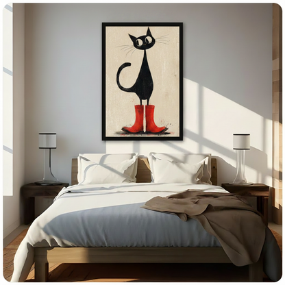 Black framed retro illustration tall black cat with big eyes wearing red rubber rain boots canvas art on warm beige background above a bed with white linen bedding, a taupe throw blanket, dark wood nightstands, and white cylindrical table lamps in a sunlit modern bedroom
