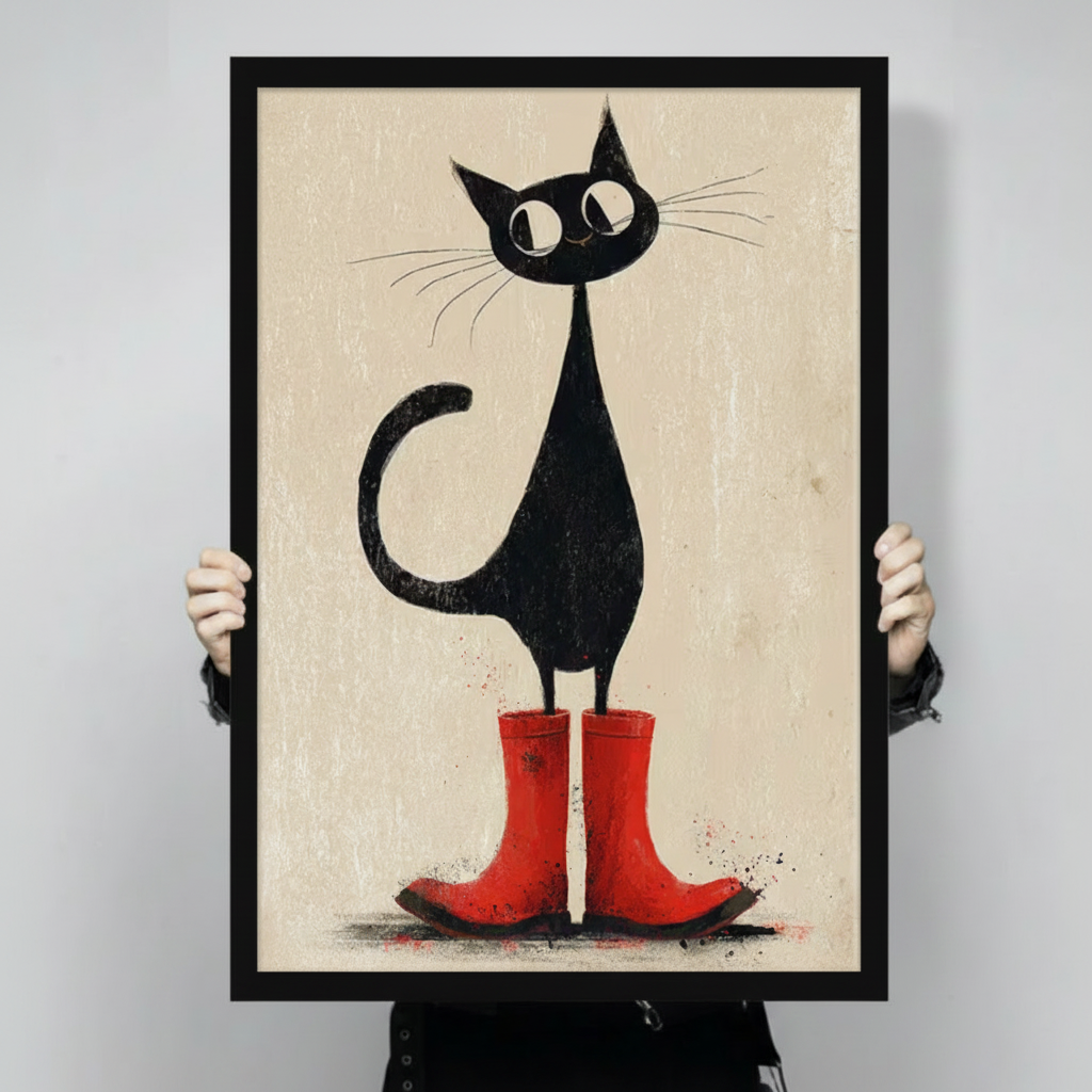 Person holding a black framed vintage illustration quirky tall black cat with big round eyes and long whiskers wearing red rain boots art print on warm beige background against a light gray backdrop