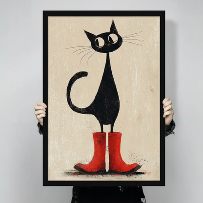 Person holding a black framed vintage illustration quirky tall black cat with big round eyes and long whiskers wearing red rain boots art print on warm beige background against a light gray backdrop