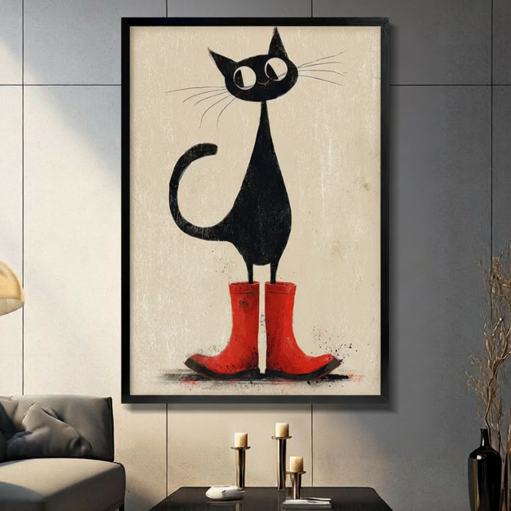 Retro illustration style tall black cat with big round eyes and long whiskers wearing red rubber rain boots black framed canvas art on warm beige background on a dark gray paneled wall above a charcoal sofa with brass candle holders and a black decorative vase