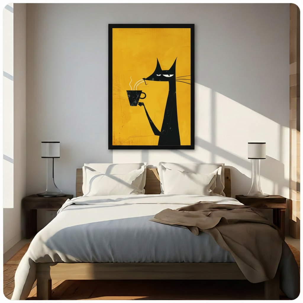 Framed mid-century modern canvas wall art of a grumpy black cat holding a steaming coffee cup on a bold amber yellow background, above a bed with white linen bedding, a taupe throw blanket, dark wood nightstands, potted plants and sleek white table lamps in a sunlit bedroom