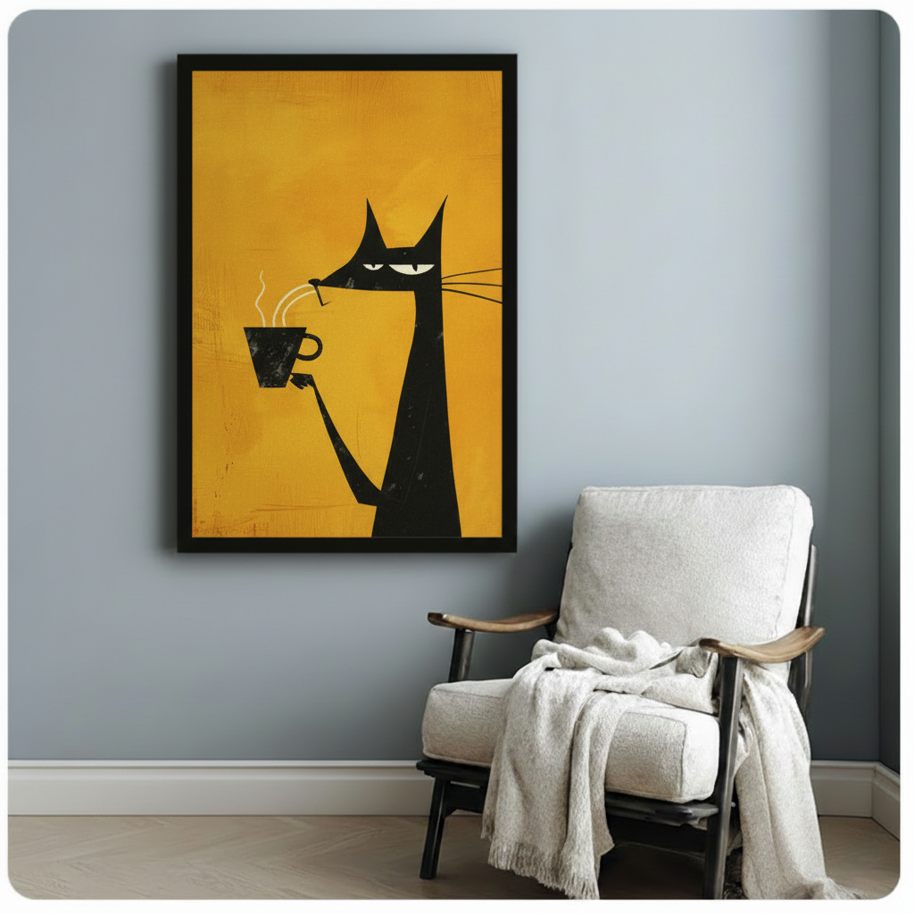 Black framed canvas print of a tall slender black cat with grumpy expression holding a steaming espresso cup, mid-century modern wall art in bold amber yellow, hung on a blue-gray wall beside a white wood-framed armchair with a throw blanket