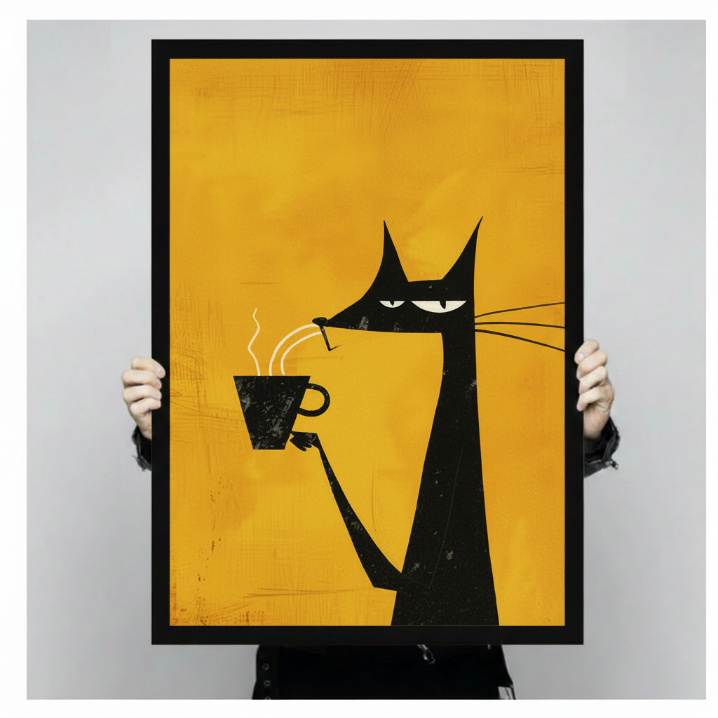Hands holding a large black framed canvas art print of a stylized black cat with long whiskers and a grumpy face clutching a hot coffee cup, retro pop art illustration on a vivid amber yellow textured background against a light gray backdrop