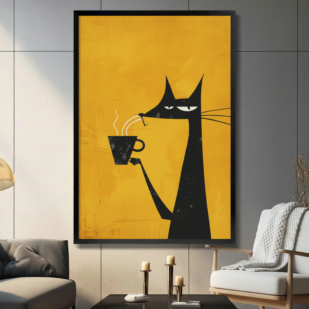 Mid-century modern black cat holding a steaming coffee cup canvas wall art on a bold amber yellow background, black framed vertical print above a dark gray sofa with candle holders and white accent chair against a gray paneled wall