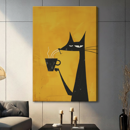 Gallery wrap stretched canvas of a sleek black cat in minimalist illustration style holding a hot coffee cup on a vibrant amber background, retro pop art wall decor above a dark gray sofa with candle holders and black vase in a contemporary living room
