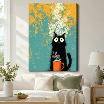 Stretched canvas wall art of a whimsical retro grunge black cat and coffee print featuring a startled wide-eyed fluffy black cartoon cat hugging a vivid orange coffee mug with a dramatic billowing cream steam cloud curling upward on a distressed teal and amber orange textured background, hung above a white sofa with sage green and cream pillows and a white ceramic table lamp in a bright airy living room
