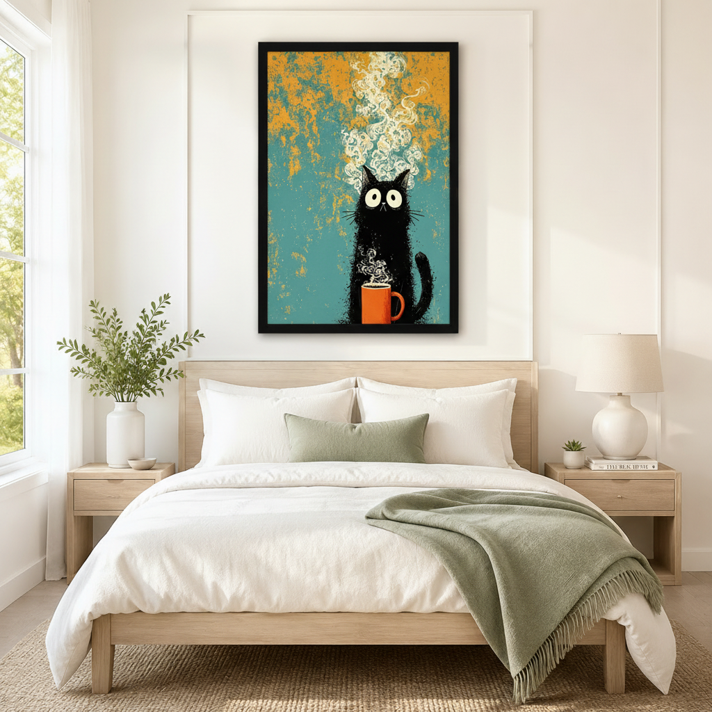 Black framed whimsical retro grunge black cat coffee canvas art with a bug-eyed fluffy black cartoon cat sitting and hugging a bold orange coffee mug with a dramatic swirling cream steam cloud rising to the top of the canvas on a distressed teal and golden orange mottled background, hung above a light wood bed frame in a serene Scandinavian bedroom with crisp white linen bedding, a sage green throw blanket, white nightstands, a white ceramic table lamp, and a white vase of greenery
