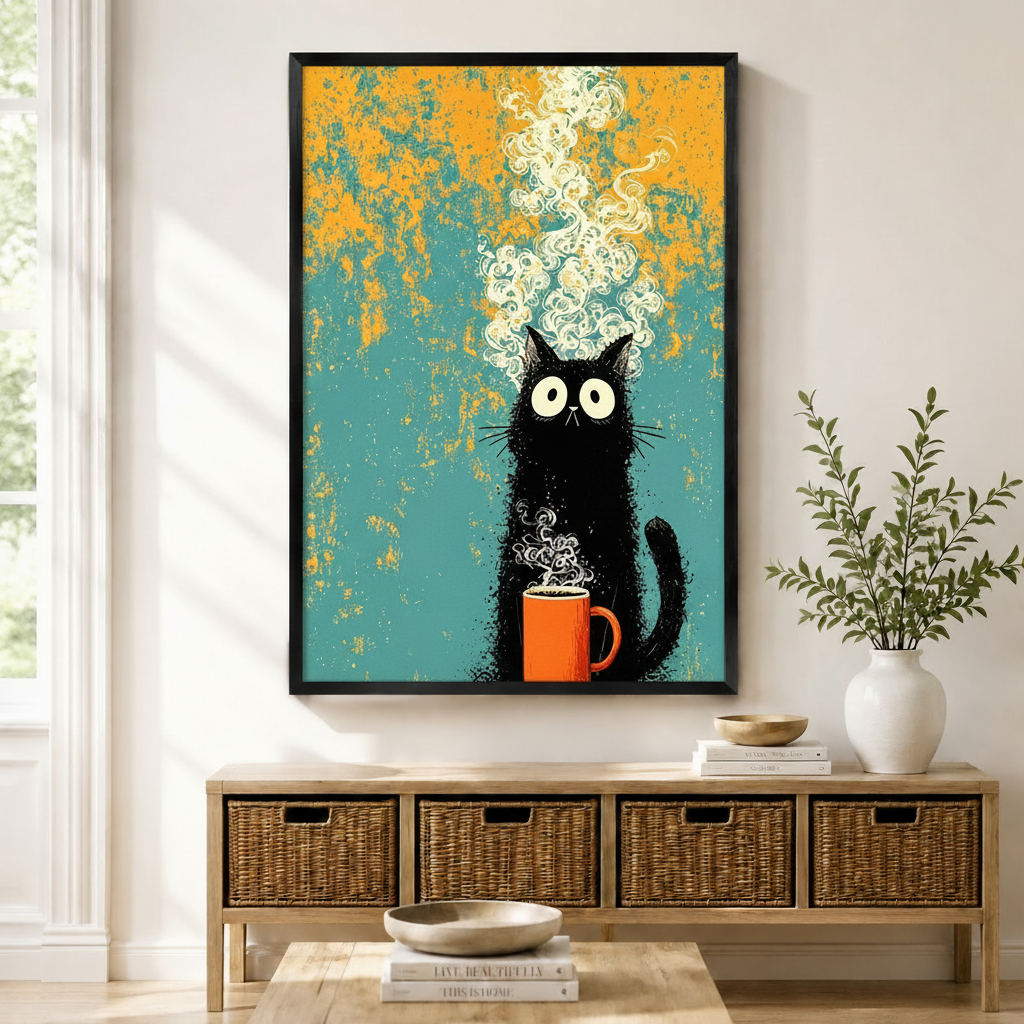 Black framed retro grunge black cat coffee canvas art with a wide-eyed fluffy black cartoon cat sitting and cradling a bold orange coffee mug with an exaggerated swirling cream steam cloud rising to the top of the canvas on a distressed teal and golden orange mottled background, displayed on a light wall above a wooden rattan storage bench with a white ceramic bowl, stacked books, and a white vase of greenery