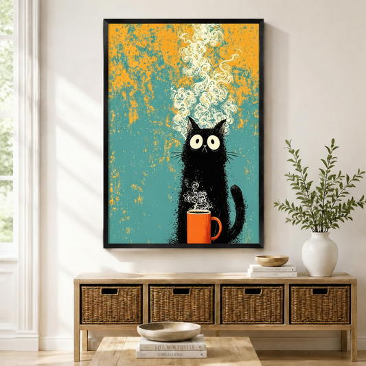Black framed retro grunge black cat coffee canvas art with a wide-eyed fluffy black cartoon cat sitting and cradling a bold orange coffee mug with an exaggerated swirling cream steam cloud rising to the top of the canvas on a distressed teal and golden orange mottled background, displayed on a light wall above a wooden rattan storage bench with a white ceramic bowl, stacked books, and a white vase of greenery