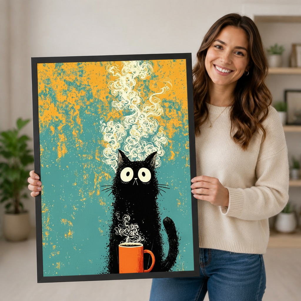 Smiling woman in a cream sweater holding a large vertical black framed retro grunge black cat coffee canvas art print showing a startled wide-eyed fluffy black cartoon cat cradling a vivid orange coffee mug with an exaggerated billowing cream steam cloud curling to the top on a distressed teal and amber orange textured background in a bright plant-filled room