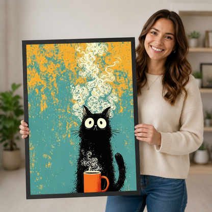 Smiling woman in a cream sweater holding a large vertical black framed retro grunge black cat coffee canvas art print showing a startled wide-eyed fluffy black cartoon cat cradling a vivid orange coffee mug with an exaggerated billowing cream steam cloud curling to the top on a distressed teal and amber orange textured background in a bright plant-filled room