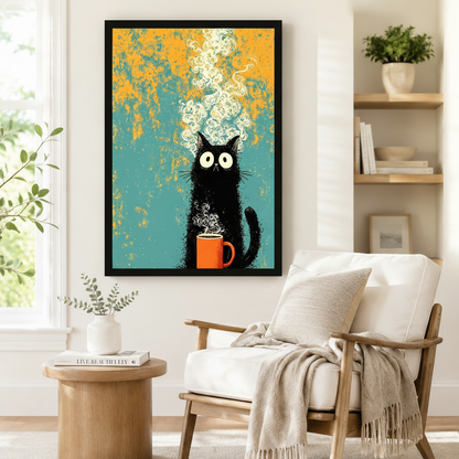 Black framed retro grunge black cat coffee canvas art showing a bug-eyed fluffy black cartoon cat sitting upright and clutching a bright orange coffee mug with a large swirling cream steam cloud rising dramatically on a distressed teal and golden orange mottled background, displayed on a white wall beside a white wooden armchair with a cream fringed throw and a round wood side table with stacked books