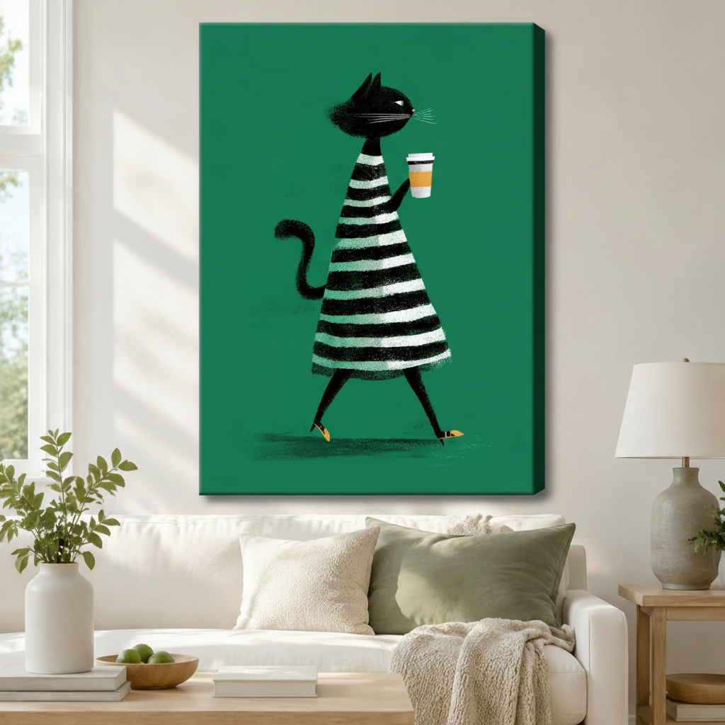 Stretched canvas retro chic black cat with coffee wall art featuring a tall slender black cat in a wide black and white horizontal striped dress walking gracefully with a takeaway coffee cup and a curled tail on a bold emerald green background, hung above a white sofa in a bright living room