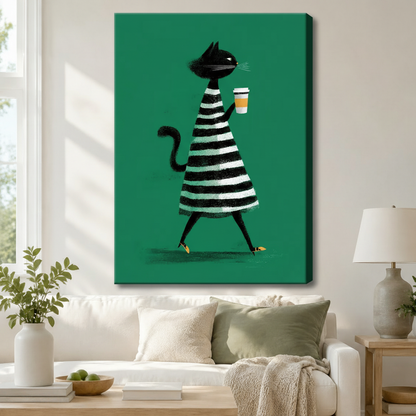 Stretched canvas retro chic black cat with coffee wall art featuring a tall slender black cat in a wide black and white horizontal striped dress walking gracefully with a takeaway coffee cup and a curled tail on a bold emerald green background, hung above a white sofa in a bright living room