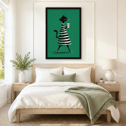 Black framed retro chic black cat with coffee canvas art with a tall slender black cat in a bold black and white horizontal striped dress walking confidently with a coffee cup and a curled tail on a vibrant emerald green background, hung above a light wood bed with white linen bedding and a sage green throw in a serene Scandinavian bedroom