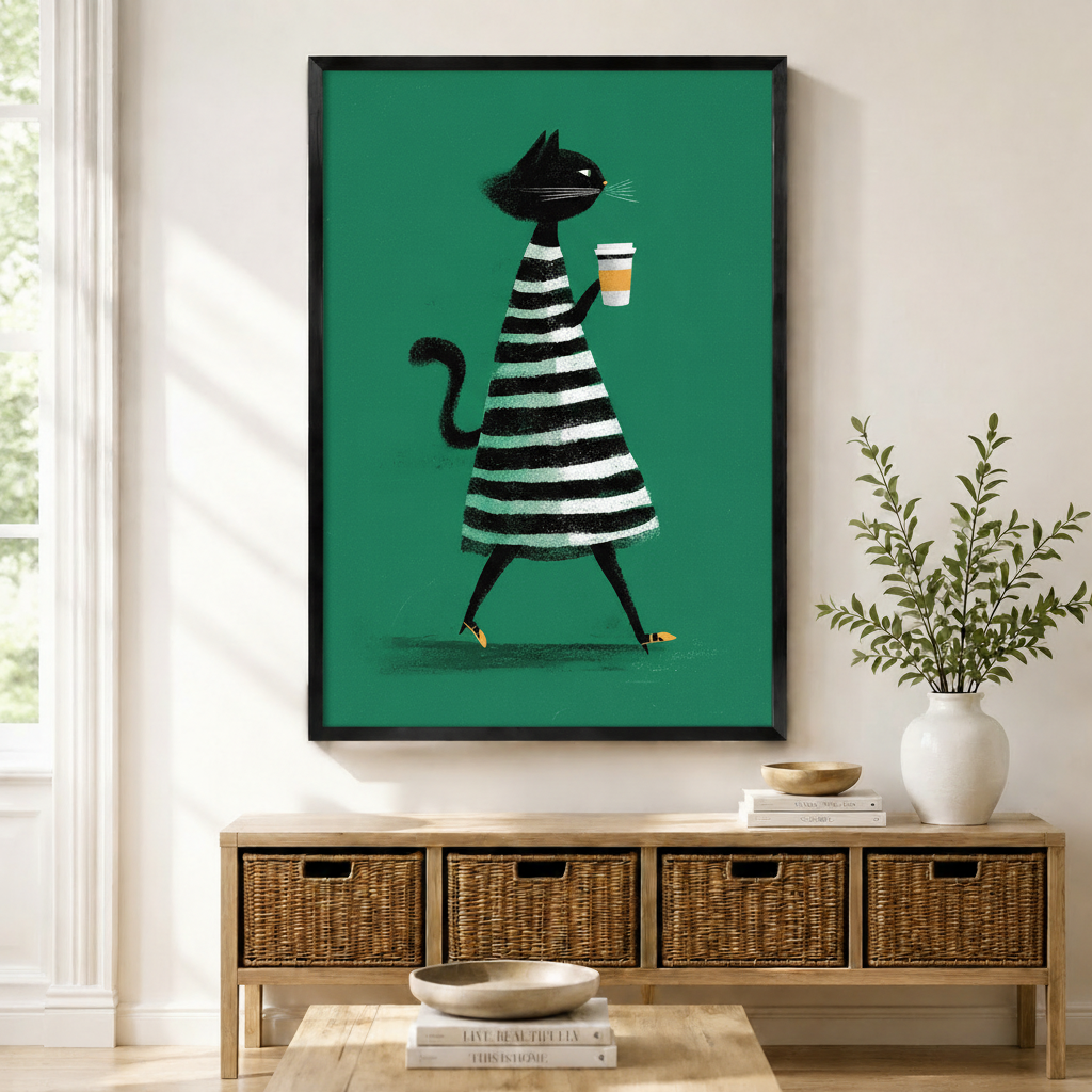 Black framed retro chic black cat with coffee canvas art with a sleek black cat in a bold black and white striped A-line dress striding confidently while holding a takeaway coffee cup on a vibrant emerald green background, displayed above a rattan storage console in a bright entryway
