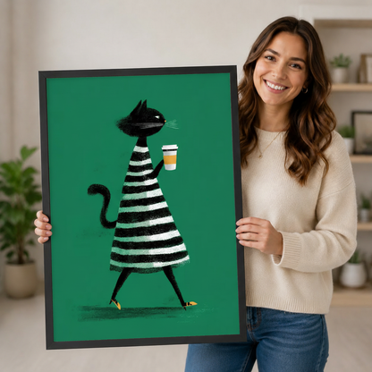 Smiling woman in a cream sweater holding a large black framed retro chic black cat with coffee canvas art print with a sleek black cat in a wide black and white striped A-line dress carrying a takeaway coffee cup on a bold emerald green background