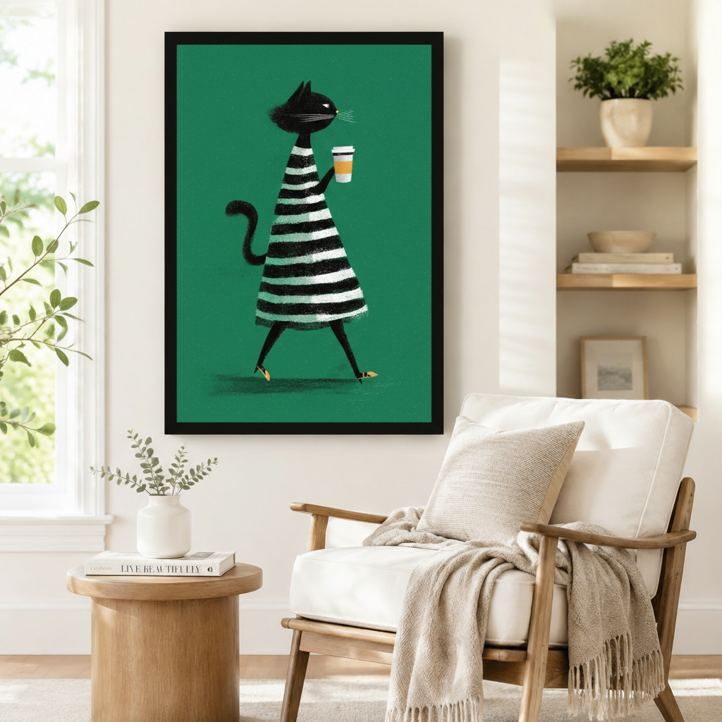 Black framed retro chic black cat with coffee canvas art showing a stylish black cat in a bold black and white striped midi dress striding forward with a coffee cup in hand and a curled tail on a vivid emerald green background, displayed beside a white linen armchair in a cozy reading nook