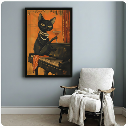 Art deco black cat pianist framed poster hung above cozy armchair in minimalist gray living space