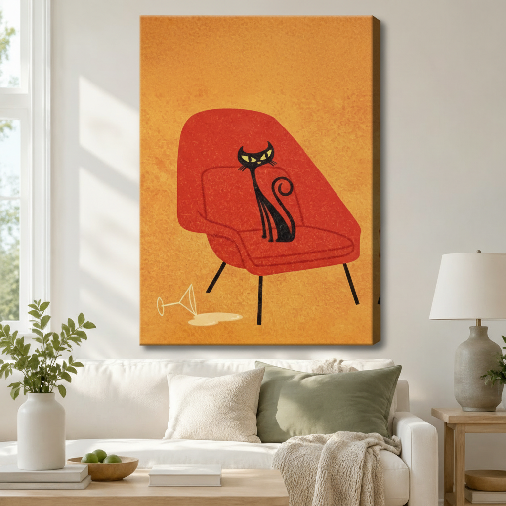 Stretched canvas wall art of a stylish mid-century black cat with glowing yellow eyes lounging on a burnt-orange retro womb chair with slim black legs and a tipped-over martini glass on a warm ochre background, hung in a bright living room above a cream sofa with a sage green pillow and a gray ceramic table lamp