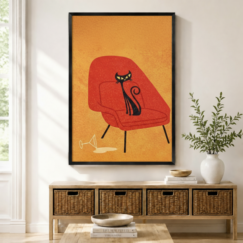 Black framed retro mid-century black cat on a red womb chair canvas art with a sleek yellow-eyed black cat sitting elegantly on an orange-red modern armchair with black tapered legs and a spilled martini glass below on a warm golden textured background, displayed on a light gray wall above a wooden rattan storage console with a white vase of greenery