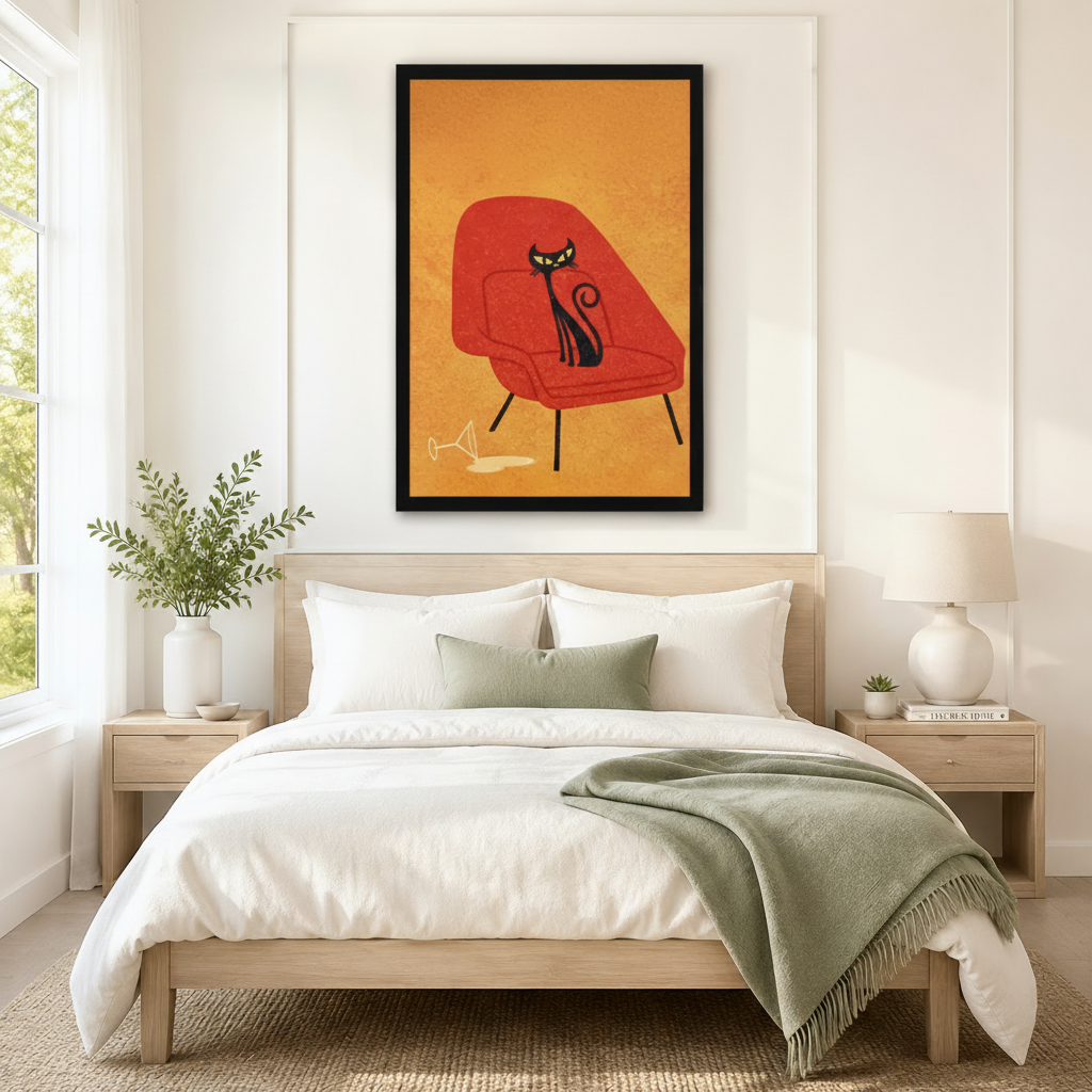 Black framed retro mid-century black cat on a red womb chair canvas art with a sleek yellow-eyed black cat lounging on an orange-red modern armchair with black tapered legs and a tipped martini glass on a warm golden textured background, hung above a wooden bed frame in a sun-drenched bedroom with crisp white linen bedding, a sage green throw, and a round white nightstand lamp