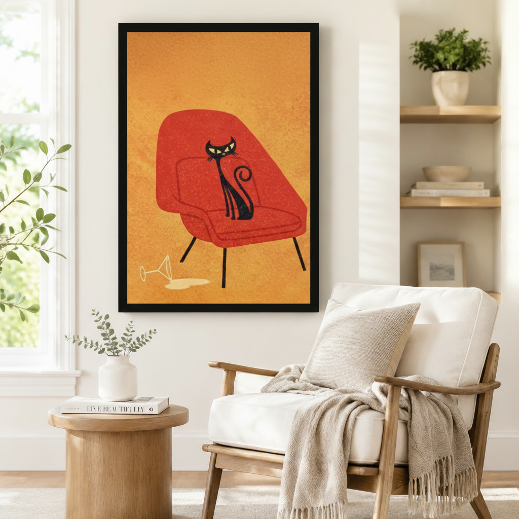 Black framed atomic-age black cat on a red chair canvas art showing a slender yellow-eyed black cat perched on an orange-red mid-century armchair with tapered black legs beside a spilled martini glass on a golden background, displayed on a white wall beside a light upholstered wooden armchair draped with a cream fringed throw blanket near a shelf of plants