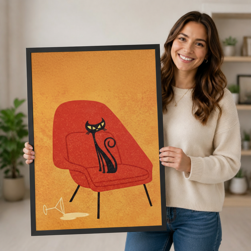 Person holding a large vertical black framed retro black cat on a red womb chair canvas art print showing an elegant yellow-eyed black cat with a curled tail sitting on a burnt-orange mid-century armchair with black tapered legs and a spilled martini glass on a warm golden background in a bright plant-filled room