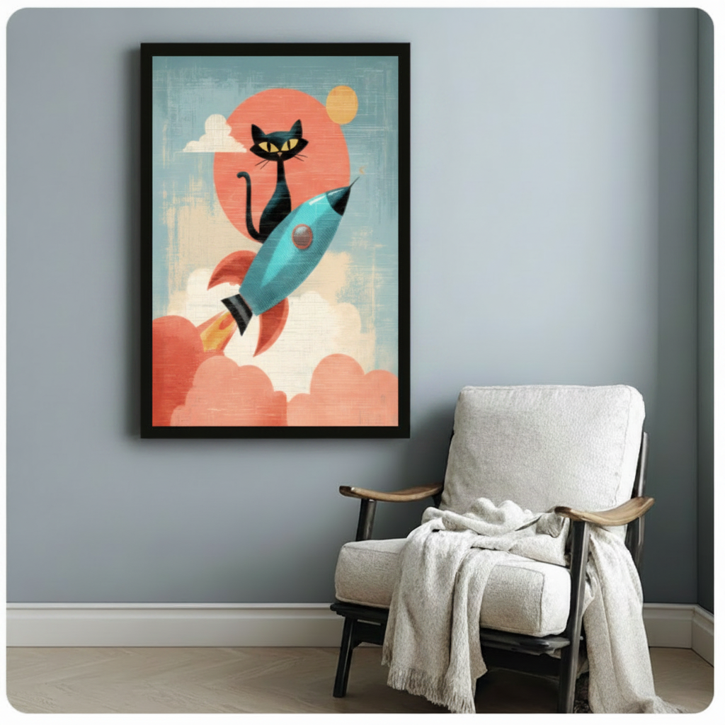 Black framed retro mid-century modern black cat riding blue rocket through fluffy coral clouds canvas print beside white linen armchair on blue-grey wall - playful black cat on rocket with bold red sun and golden orb pop art wall art for reading nook or bedroom decor