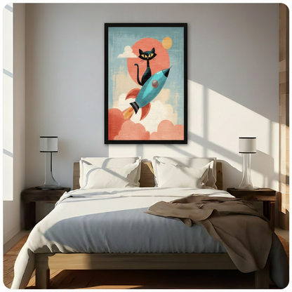 Framed retro mid-century modern black cat riding blue rocket through fluffy coral clouds canvas print above wooden bed in sunlit minimalist bedroom - playful black cat on rocket with bold red sun and golden orb pop art wall art with soft teal sky for contemporary bedroom home decor