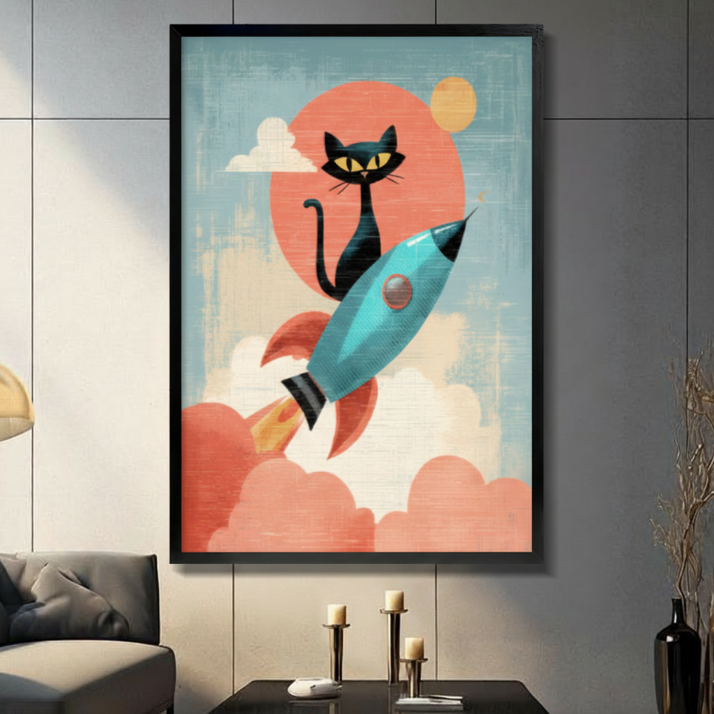 Framed retro mid-century modern black cat riding blue rocket through coral clouds canvas print on dark grey wall in modern living room - whimsical black cat on rocket with large red sun and golden moon pop art wall art with soft teal sky for contemporary home decor