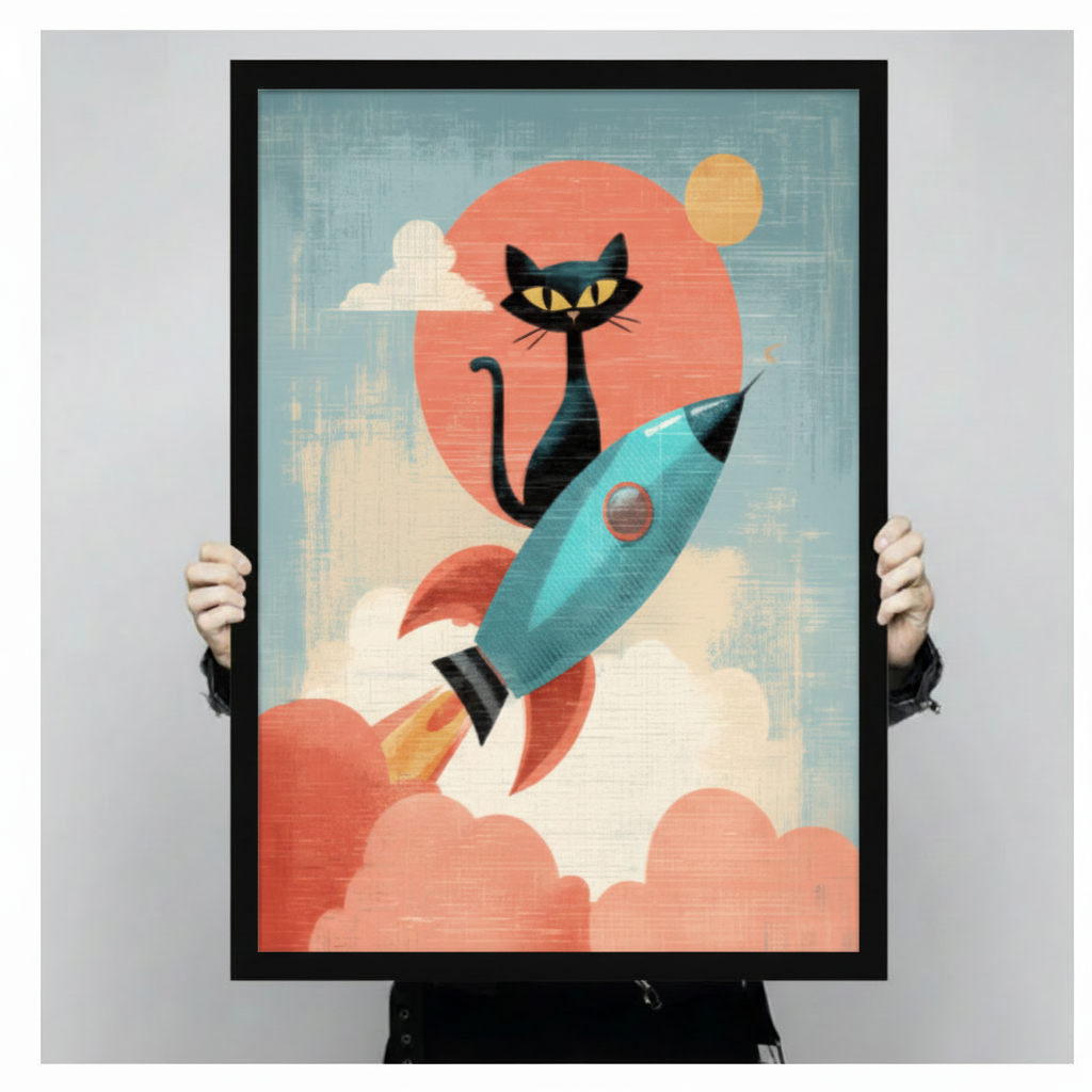 Person holding large framed retro mid-century modern black cat riding blue rocket through coral clouds canvas print with both hands - close up view of whimsical black cat on rocket with large red sun and golden moon pop art wall art with soft teal sky and black frame finish