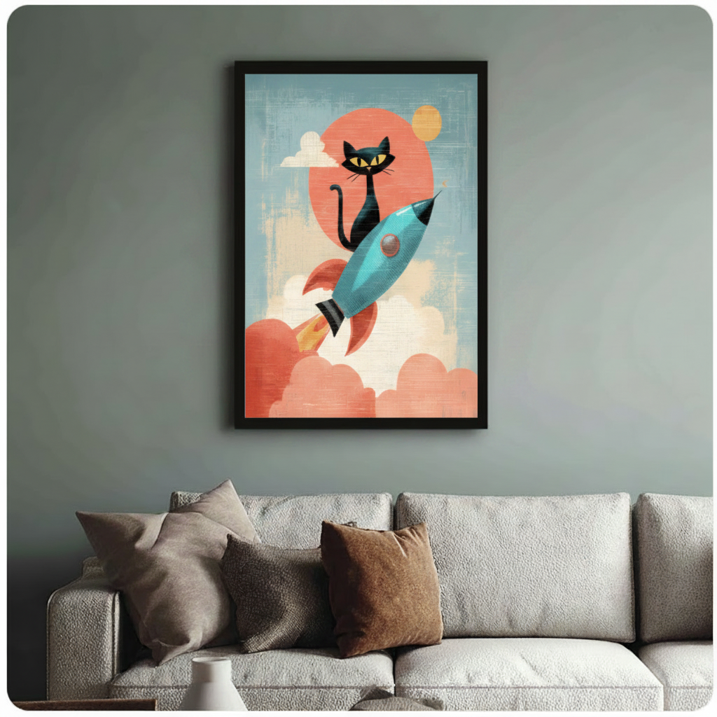 Framed retro mid-century modern black cat riding blue rocket through coral clouds canvas print above cream sofa on sage blue-grey wall - whimsical black cat on rocket with large red sun and golden moon pop art wall art with soft teal sky for stylish living room decor