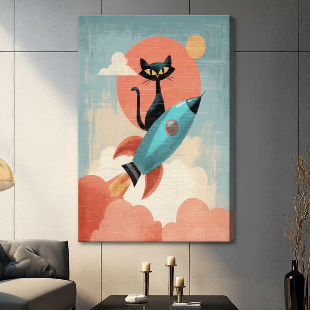 Unframed retro mid-century modern black cat riding blue rocket through fluffy coral clouds canvas print on dark grey wall in contemporary living room - playful black cat on rocket with bold red sun and golden orb pop art wall art with soft teal sky for modern interior decor