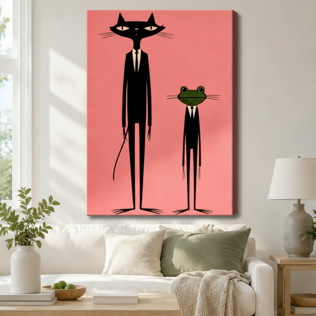 Stretched canvas wall art of a quirky retro black cat with pointed ears and whiskers in a black suit standing beside a wide-eyed green frog in matching black suit and tie on a bold coral pink background, hung above a white sofa with sage green and cream pillows and a white ceramic table lamp in a bright airy living room