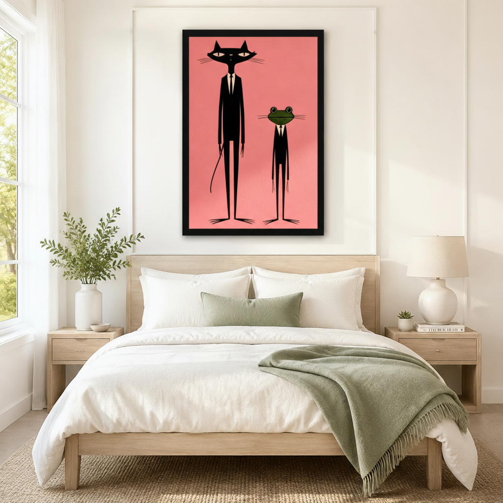 Black framed retro atomic-age black cat and green frog in suits canvas art with a tall slender black cat in a black suit and white tie beside a short green frog in matching attire on a coral pink background, hung above a wooden bed frame in a sun-drenched Scandinavian bedroom with crisp white linen bedding,