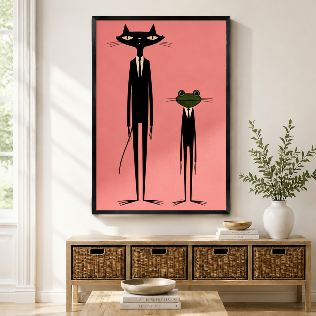 Black framed retro mid-century black cat and green frog in suits canvas art with a tall slender black cat in a black suit beside a short green frog in matching attire on a coral pink background, displayed on a white wall above a wide wooden rattan storage bench with a white ceramic vase of greenery and stacked books on the floor