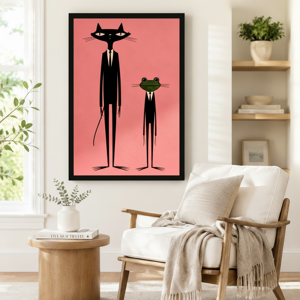 Black framed atomic-age retro black cat and green frog in suits canvas art showing a tall minimalist black cat with sharp ears and a compact green frog both in black suits with white ties on a coral pink background, displayed on a white wall beside a white wooden armchair with a cream throw blanket and a round wood side table with books