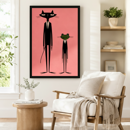 Black framed atomic-age retro black cat and green frog in suits canvas art showing a tall minimalist black cat with sharp ears and a compact green frog both in black suits with white ties on a coral pink background, displayed on a white wall beside a white wooden armchair with a cream throw blanket and a round wood side table with books