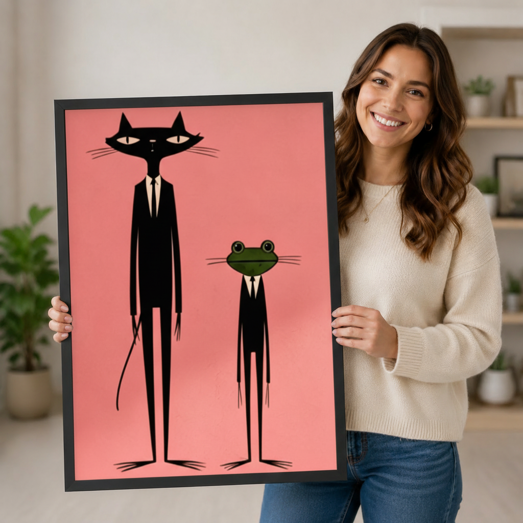 Smiling woman holding a large vertical black framed retro mid-century black cat and green frog in suits canvas art print showing a lanky black cat with whiskers and a round-eyed green frog both in black suits and white ties on a coral pink background in a bright plant-filled room with open shelving