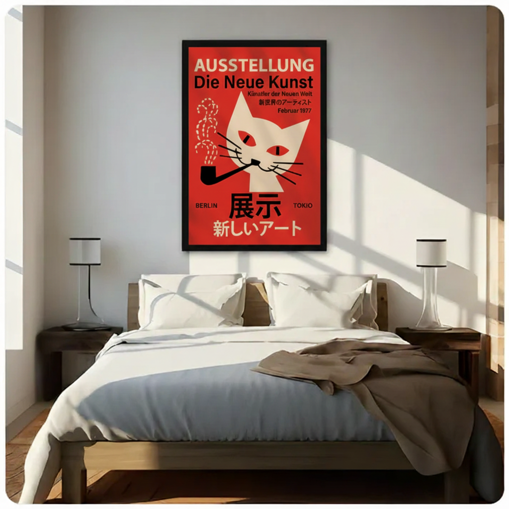 Retro cat poster vertical canvas above dark wood bed — vintage red graphic wall art in cozy American bedroom with white bedding and natural window light