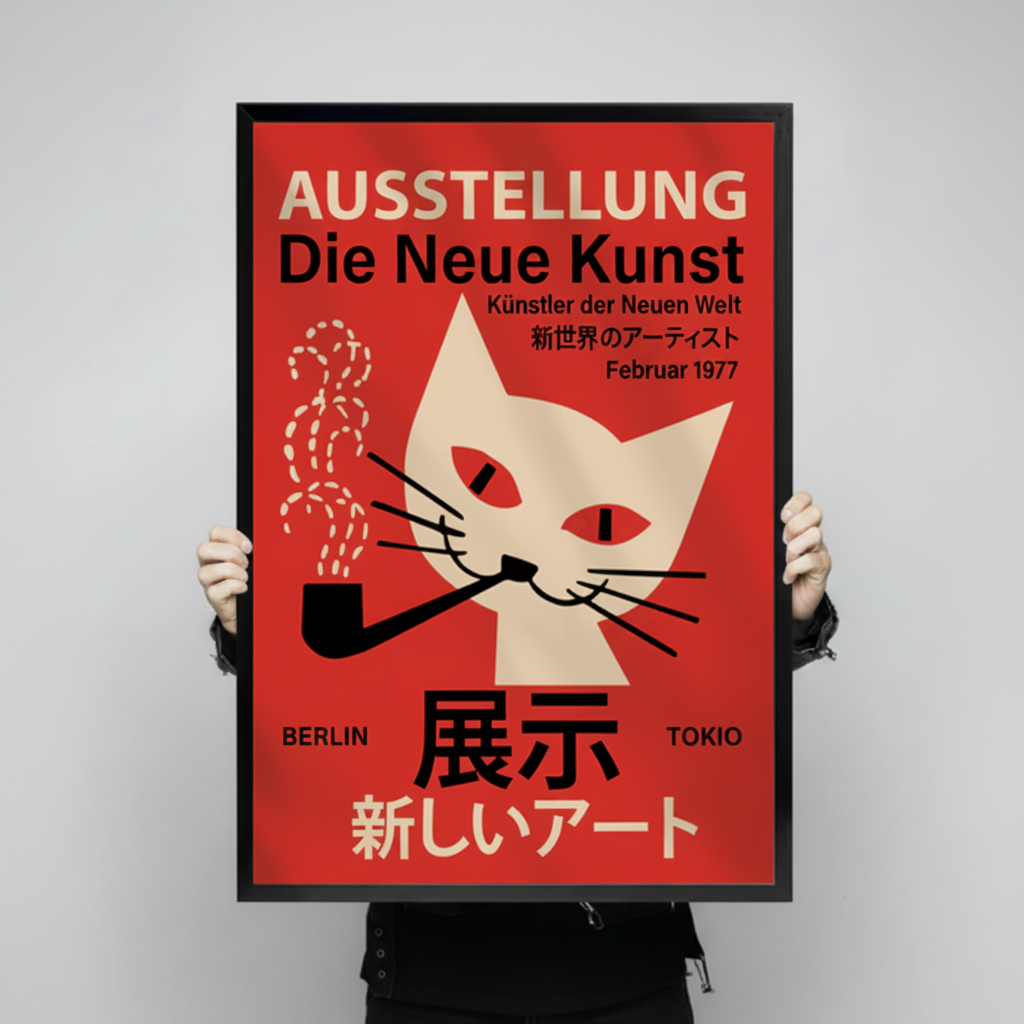 Person holding retro cat poster framed canvas print with both hands — bold red vintage exhibition wall art gift idea for cat lovers and design enthusiasts