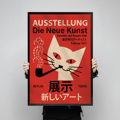 Person holding retro cat poster framed canvas print with both hands — bold red vintage exhibition wall art gift idea for cat lovers and design enthusiasts