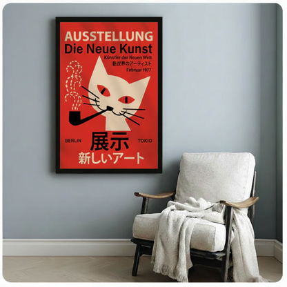 Vintage cat exhibition poster framed canvas on light blue-gray wall above white armchair — bold graphic mid-century modern art print for eclectic American interior decor